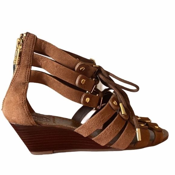Tory Burch Gladiator Brown Sandal Gold 6 1/2 M Leather Wedge Ankle Strap Boho - Picture 1 of 14